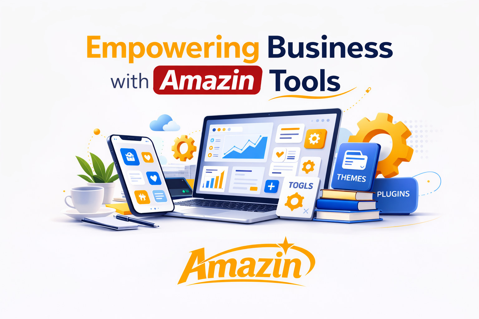Illustration of business tools including mobile app, website dashboard, WordPress themes and plugins for digital development